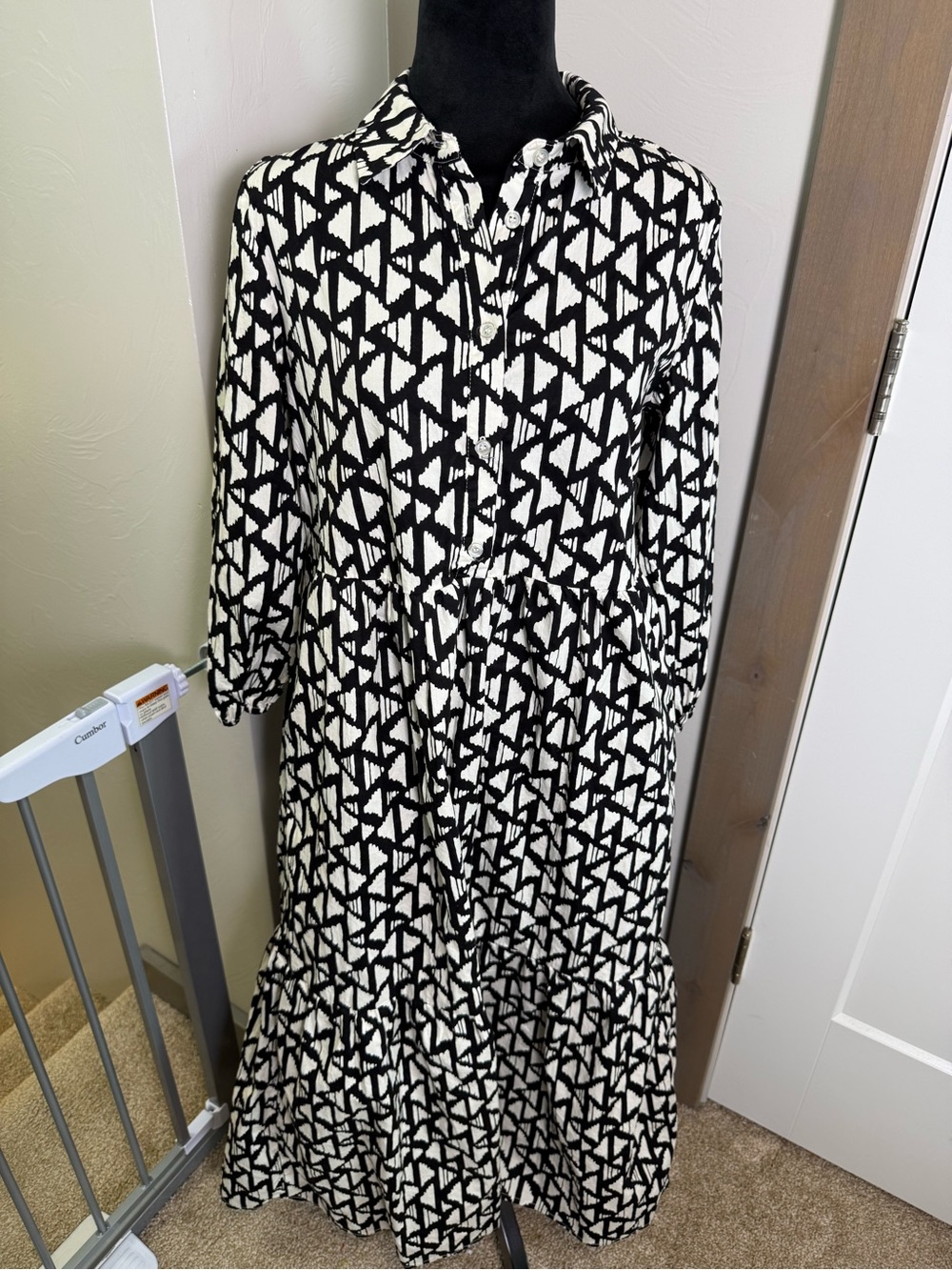 Rachel Zoe Black White Geometric Print Long Sleeve Tiered Long Midi Dress Cotton